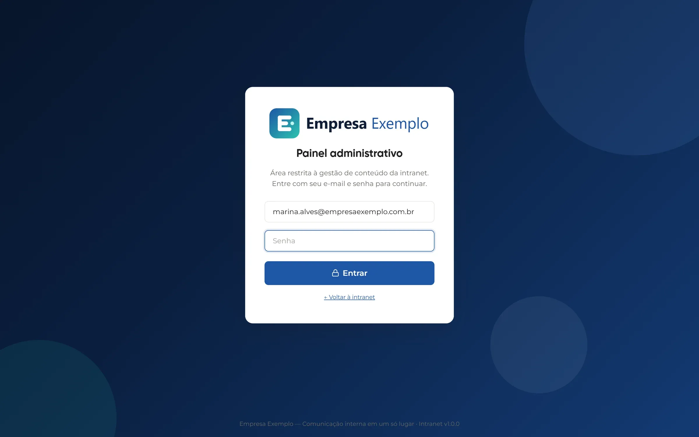 Tela de login do painel administrativo com logo neutro sobre fundo azul-marinho