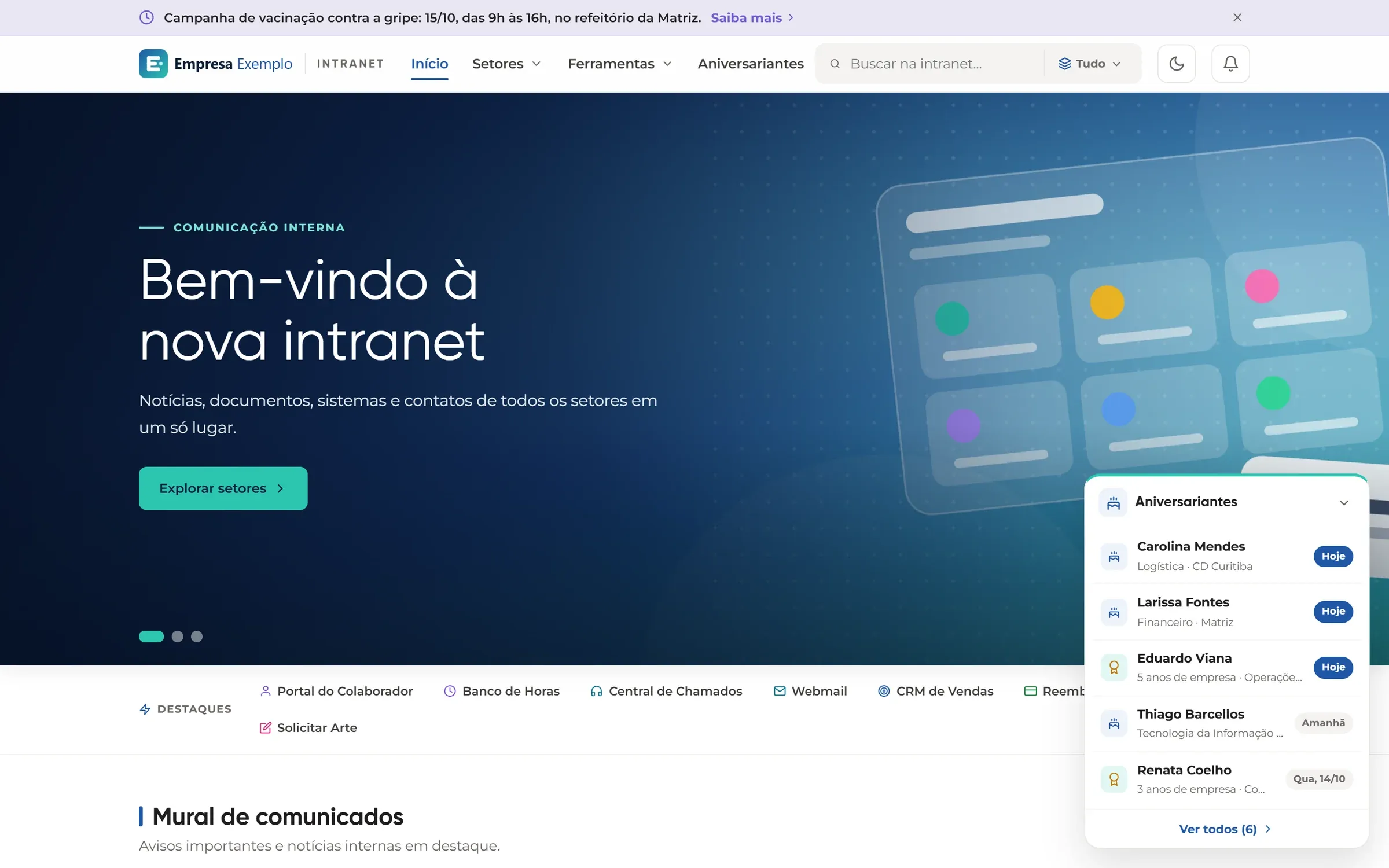 Página inicial da intranet com banner de boas-vindas, atalhos em destaque e widget de aniversariantes (dados fictícios)
