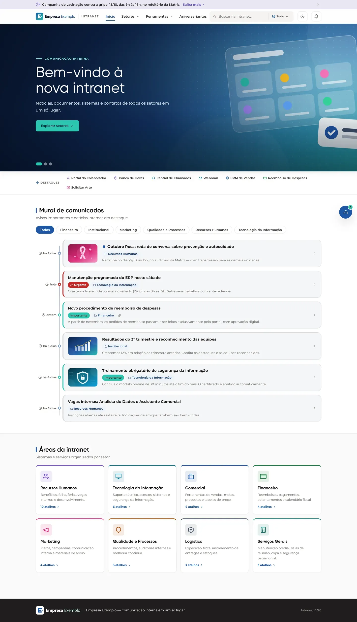 Página inicial completa da intranet: banner, destaques, mural, grade de setores e rodapé