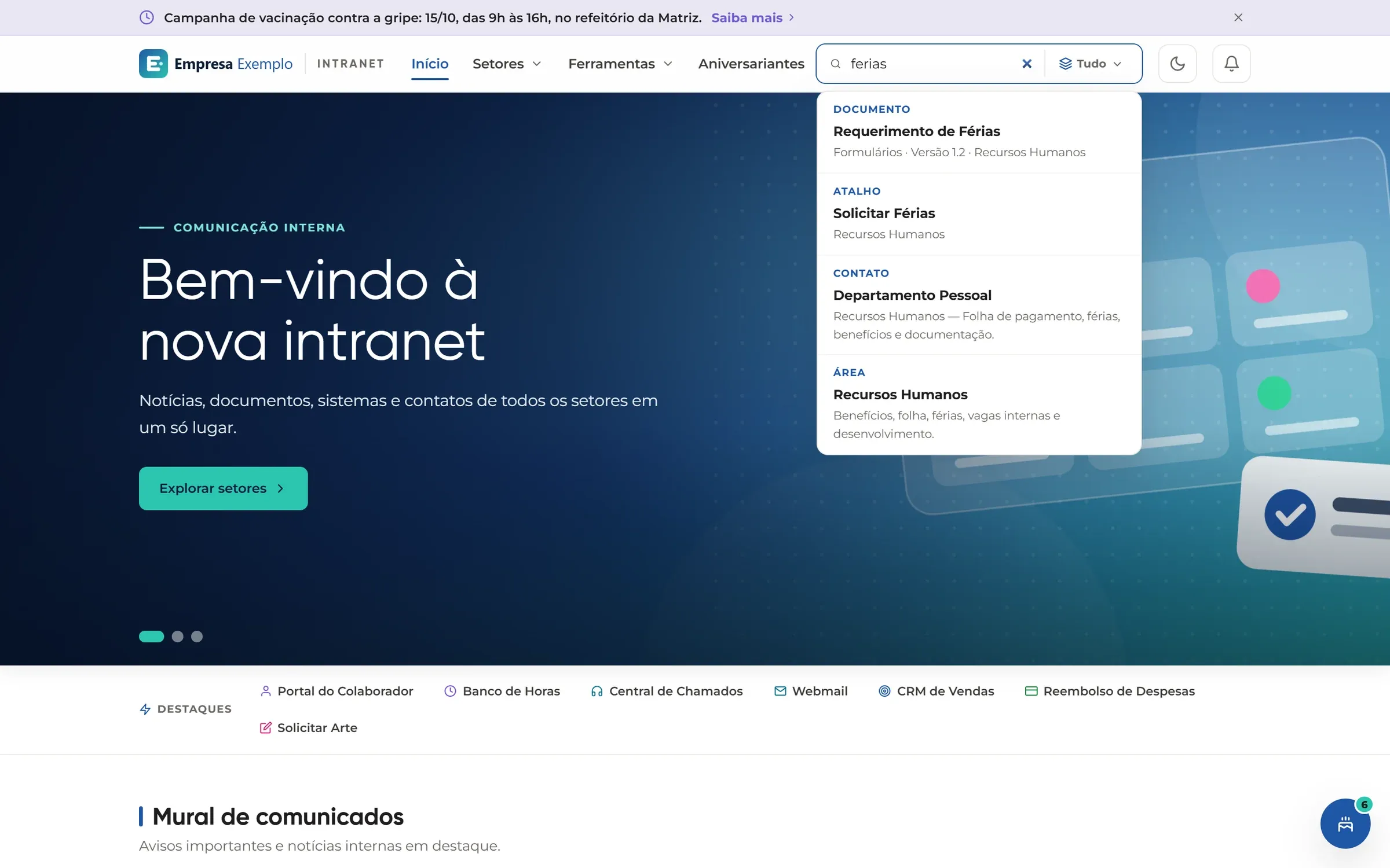 Busca global mostrando resultados de documento, atalho, contato e setor para o termo “férias”