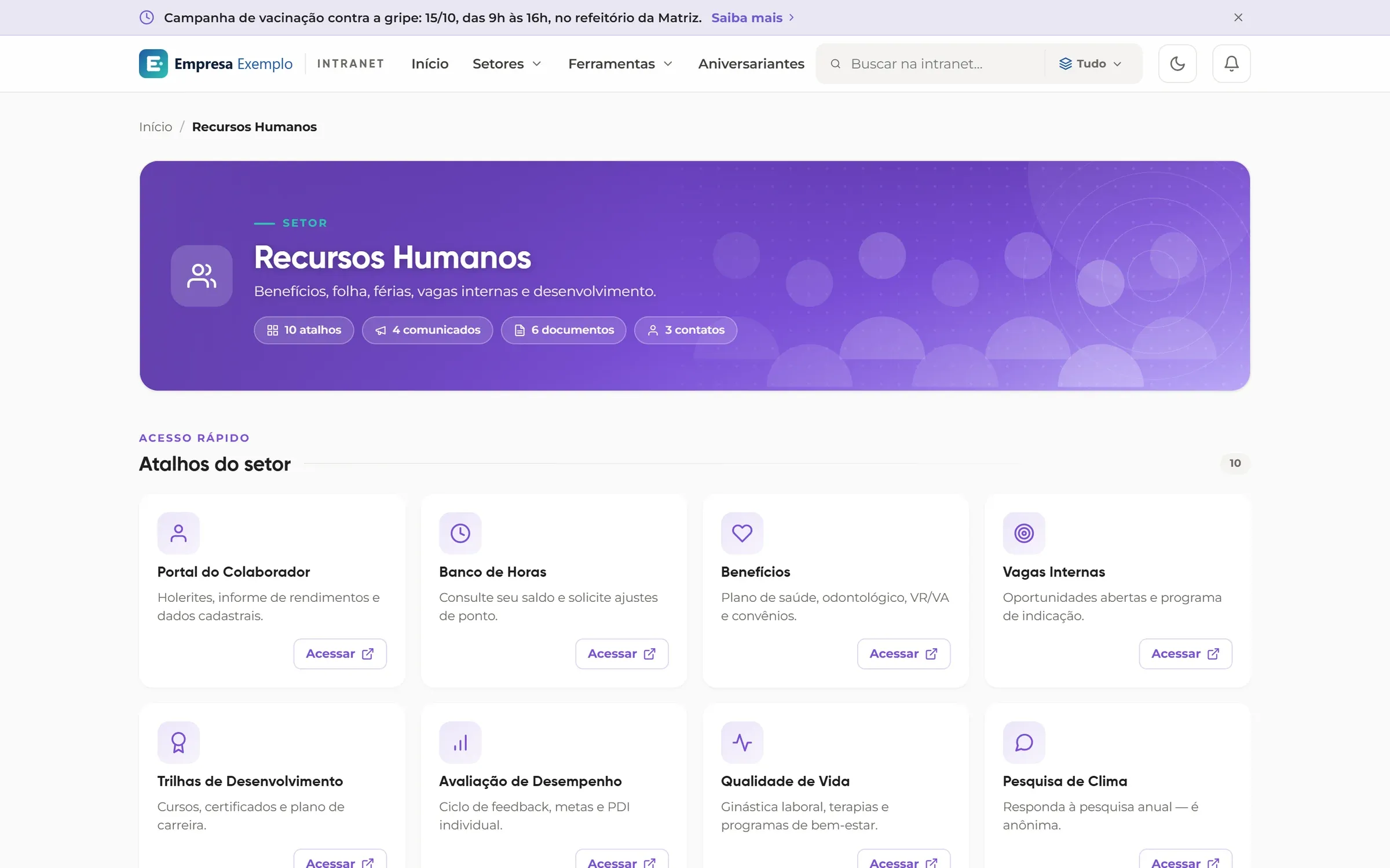 Página do setor de Recursos Humanos com banner, contadores e cartões de atalhos