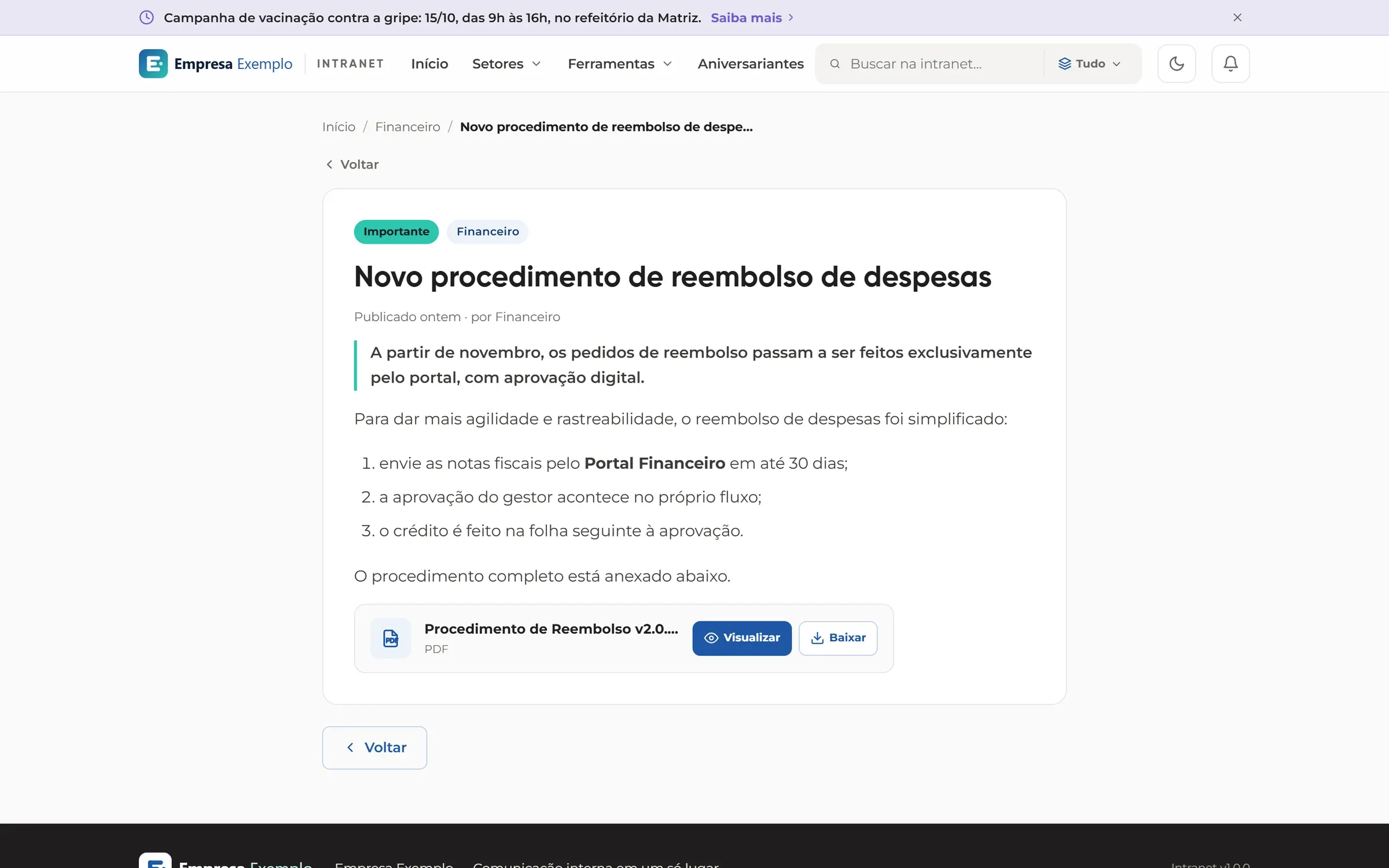 Comunicado marcado como importante com texto formatado e anexo em PDF