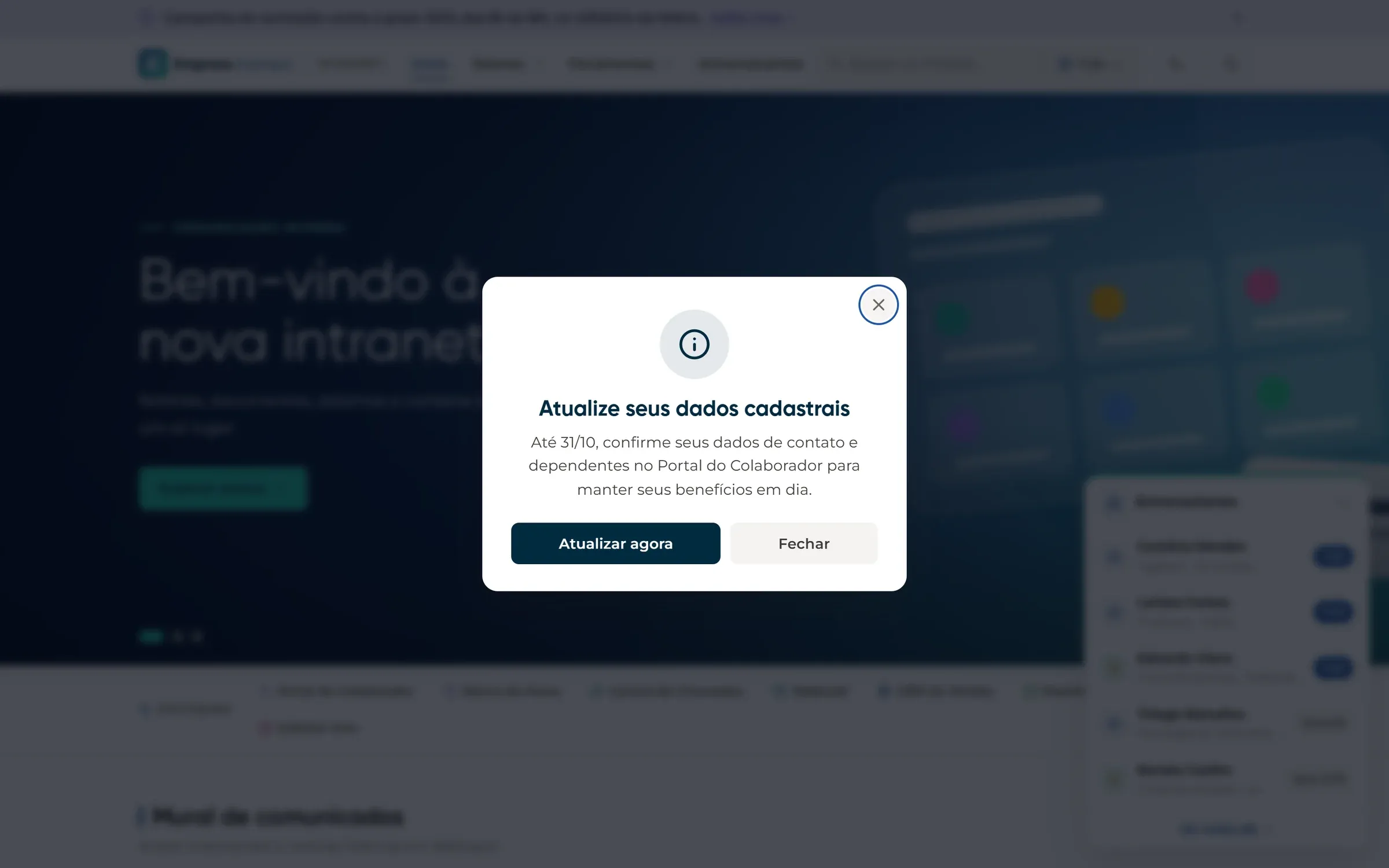 Popup “Atualize seus dados cadastrais” sobre a home desfocada