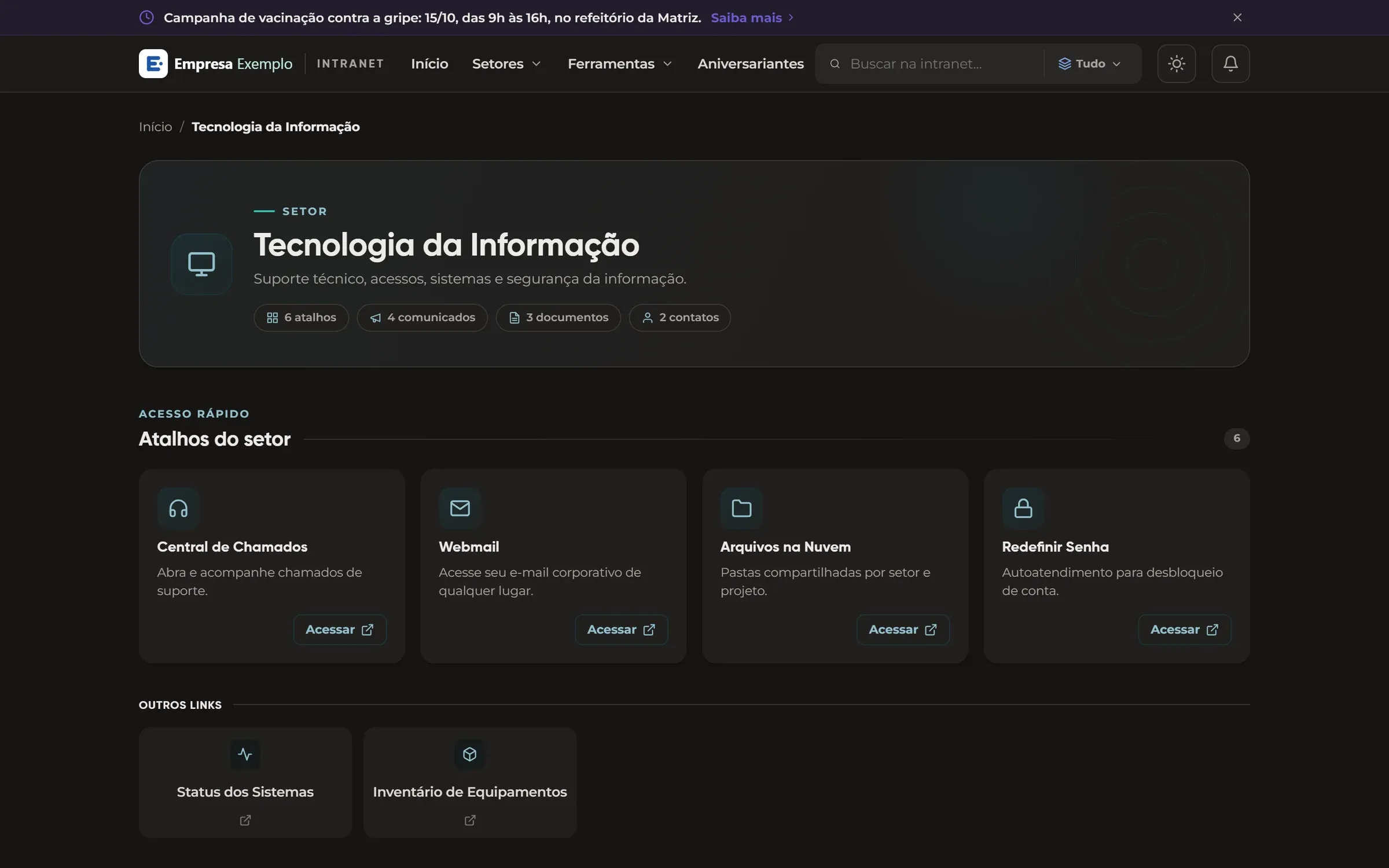 Página do setor de Tecnologia da Informação em tema escuro