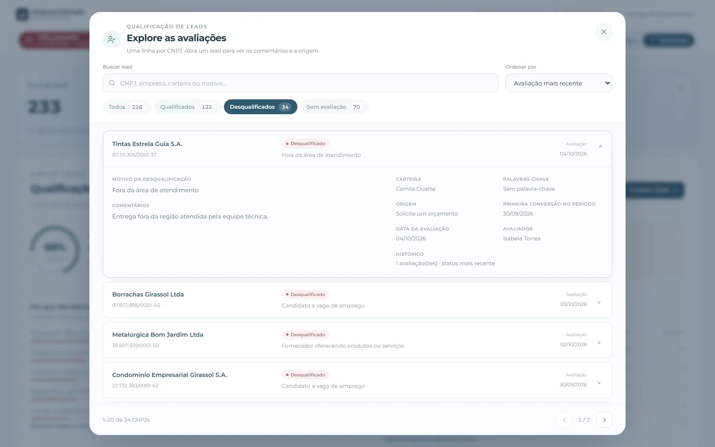 Janela para explorar avaliações de leads com motivo, avaliador e origem