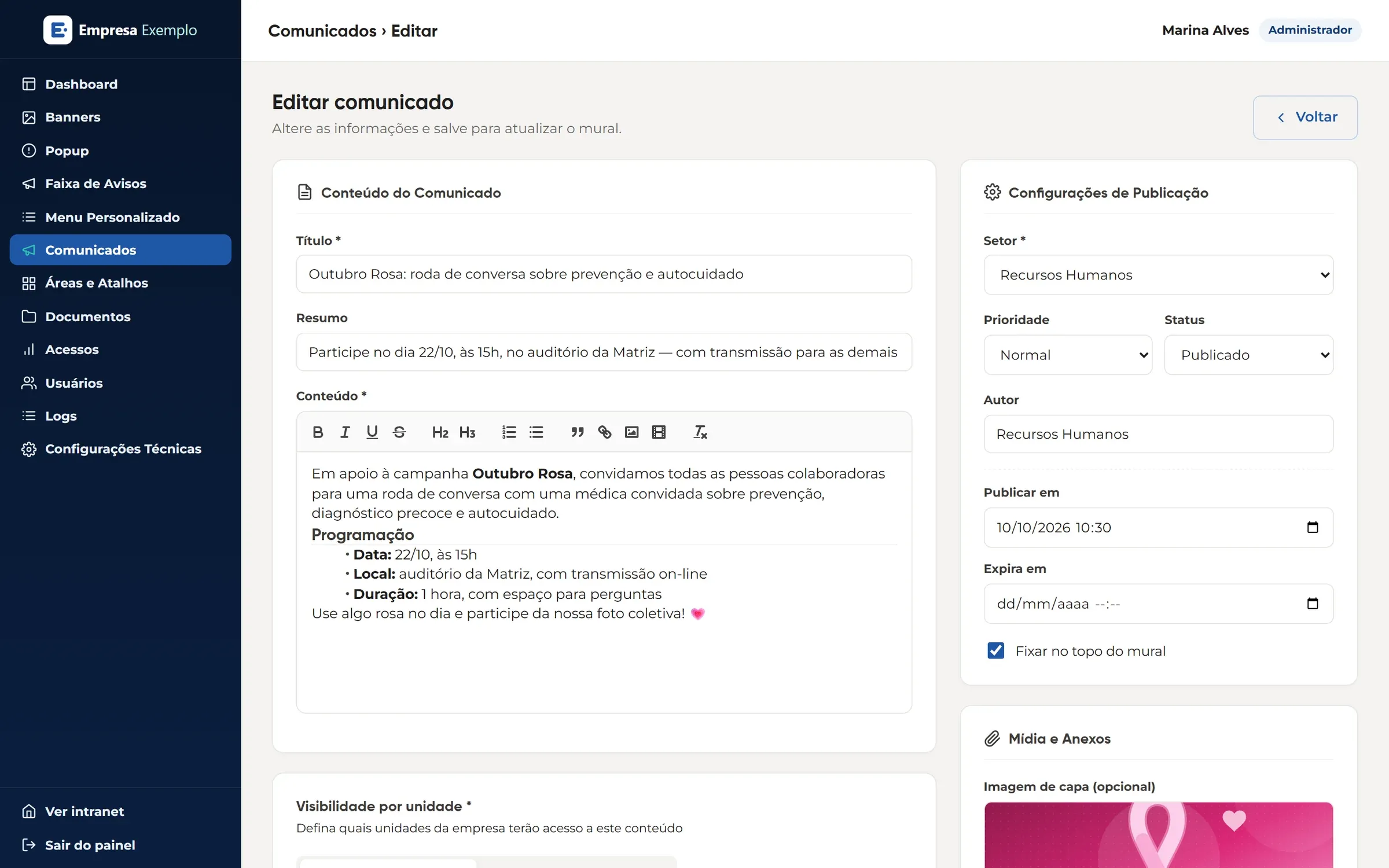Editor de comunicado com texto rico, setor, prioridade, status, agendamento e capa
