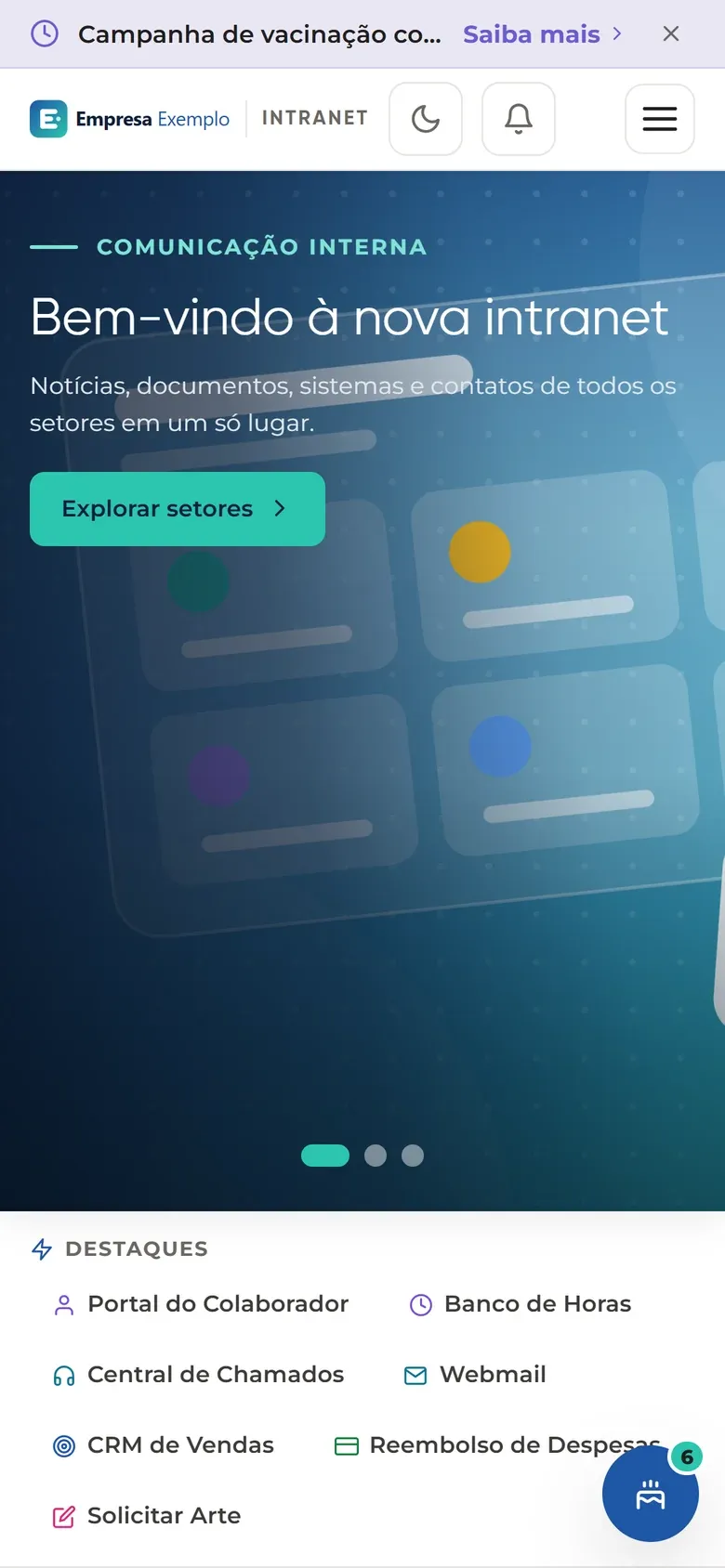 Home da intranet no celular com banner, destaques e botão de aniversariantes