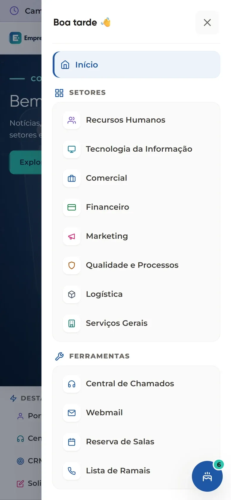 Menu lateral da intranet no celular com saudação, setores e ferramentas