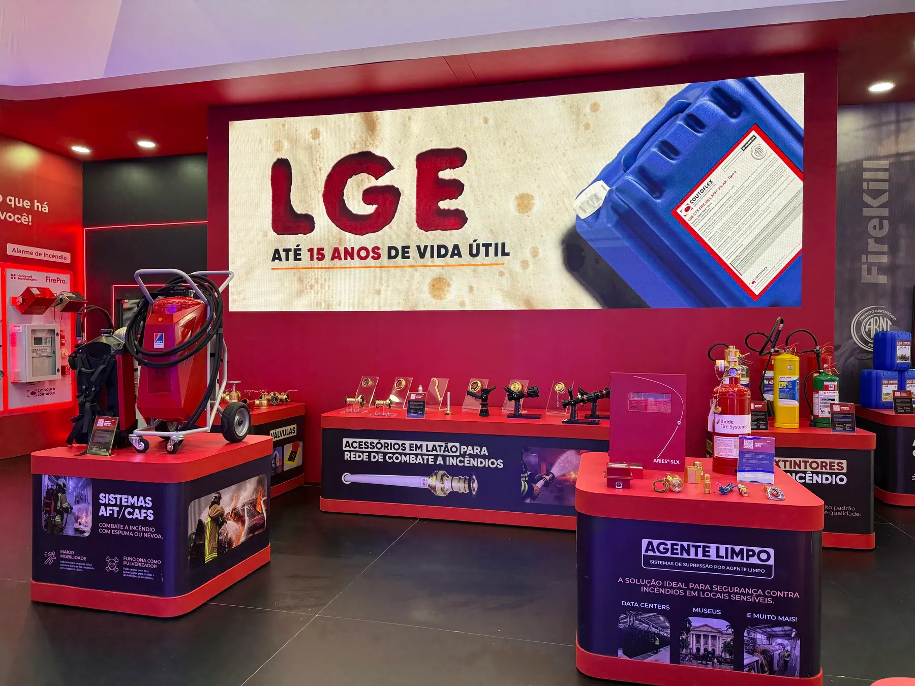 Painel visual da linha de LGE e bancadas de produtos em exposição