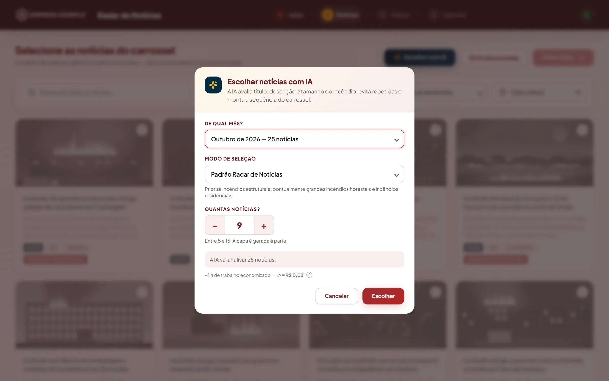 Janela “Escolher notícias com IA” com mês, modo, quantidade e estimativa de tempo e custo