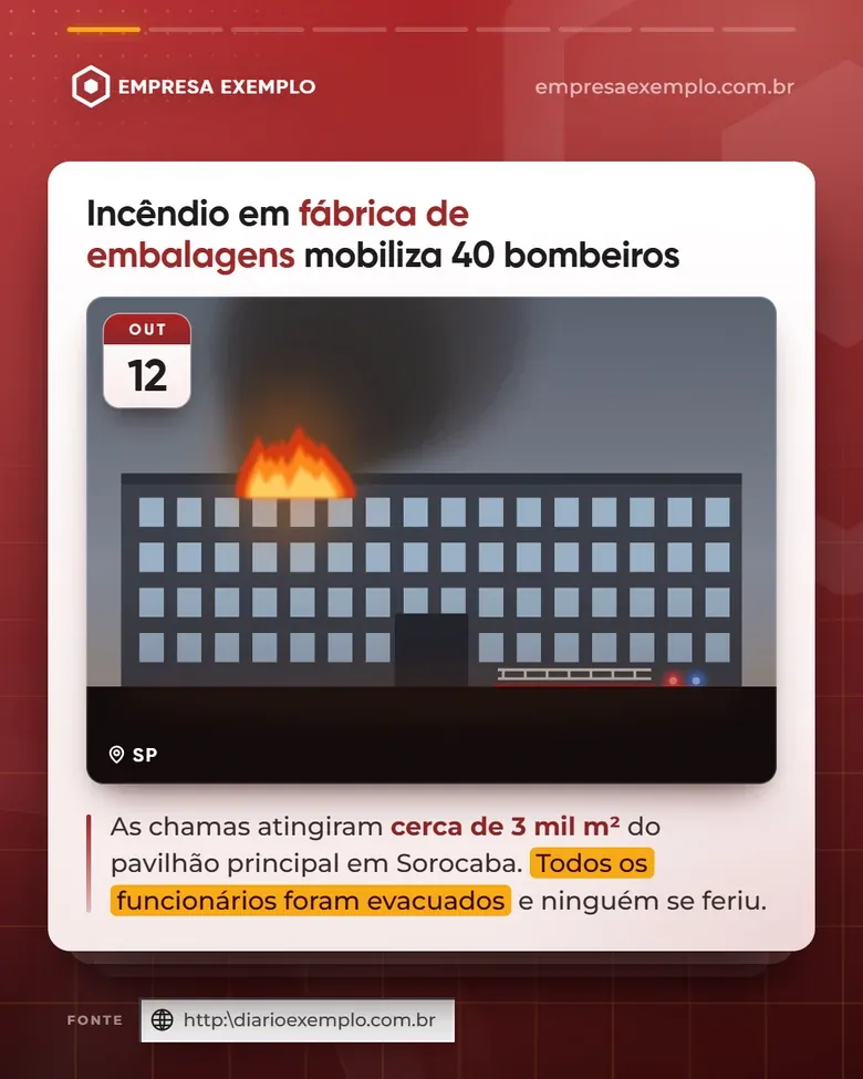 Slide do carrossel com título destacado, ilustração de incêndio, selo de data, estado e fonte