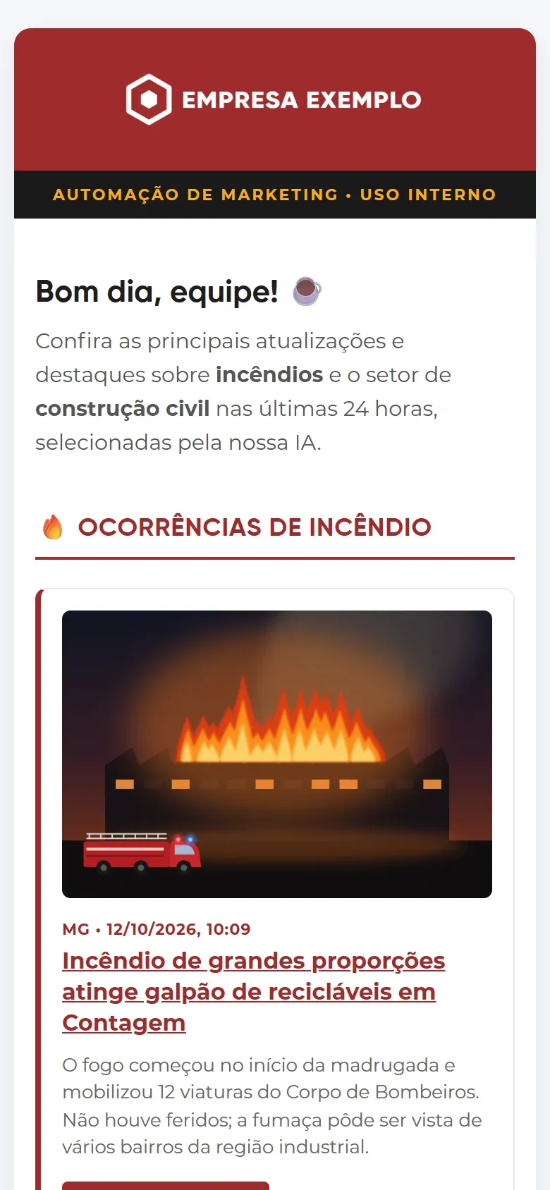 Topo do e-mail diário no celular com cards empilhados
