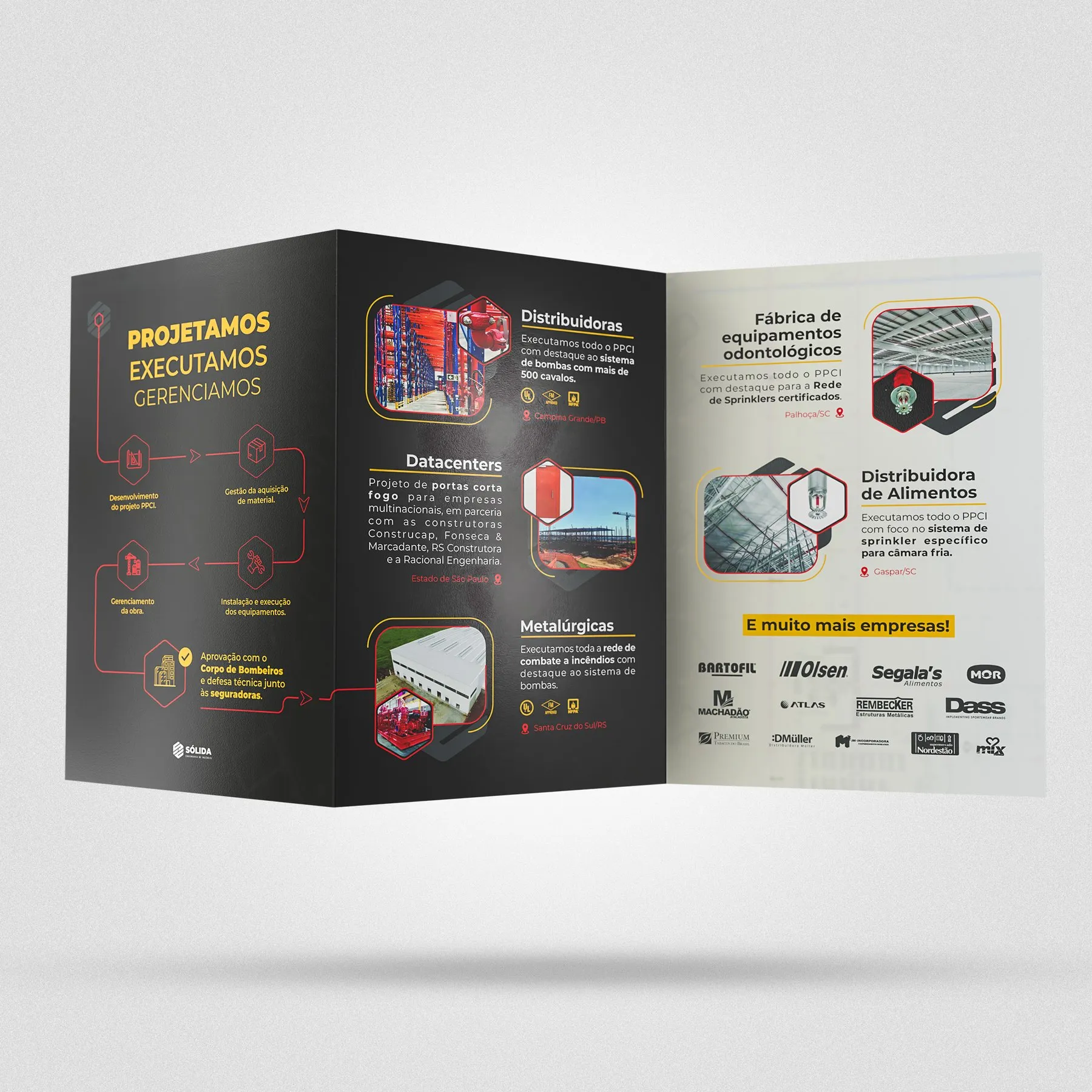 Mockup do folder aberto, lado interno com conteúdo diagramado