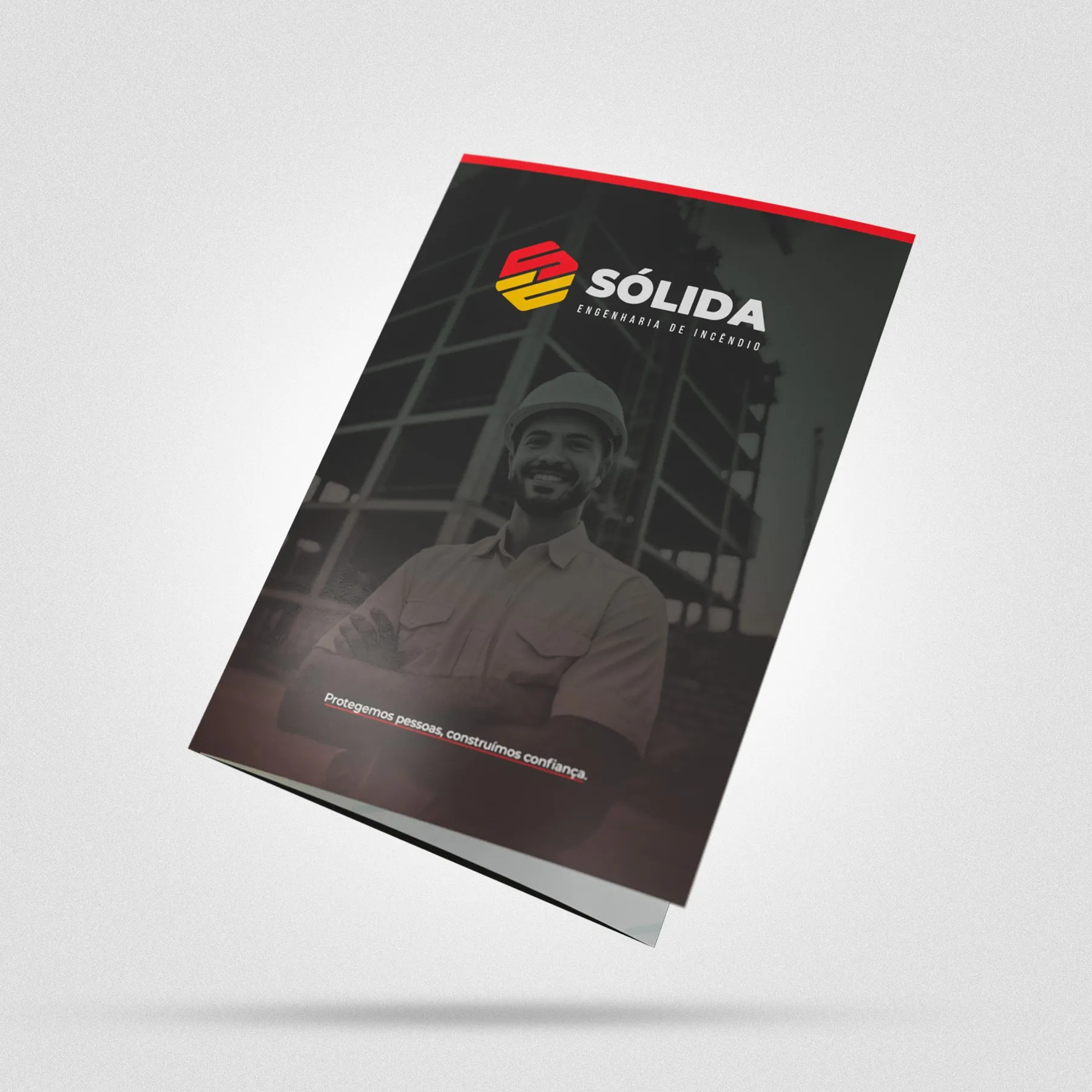 Mockup da capa de folder institucional em fundo escuro