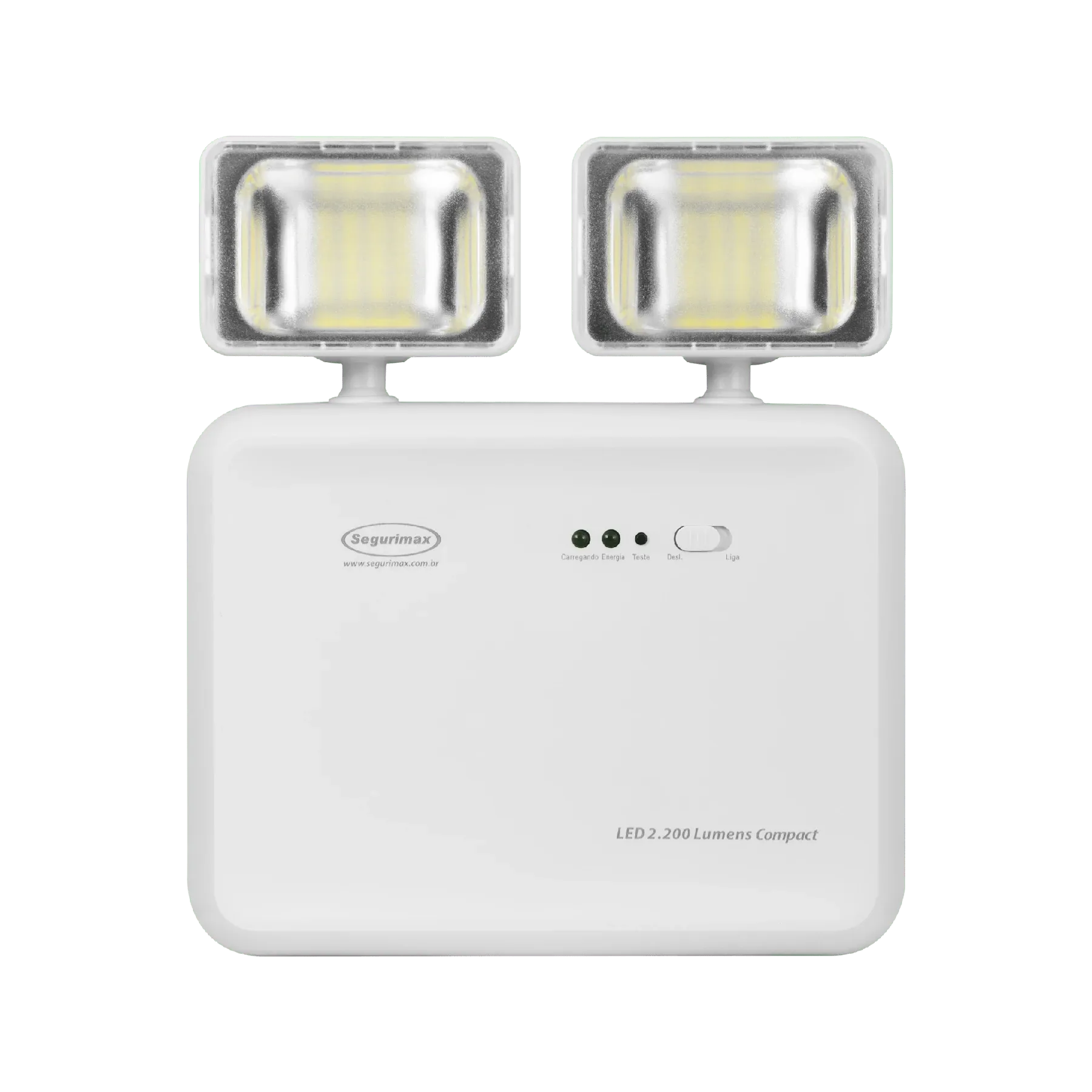 Foto de produto: luminária de emergência LED com dois faróis, vista frontal
