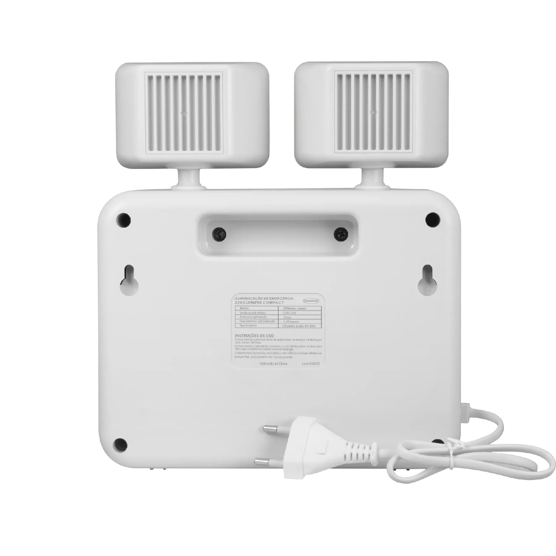 Foto de produto: luminária de emergência LED, vista traseira com cabo