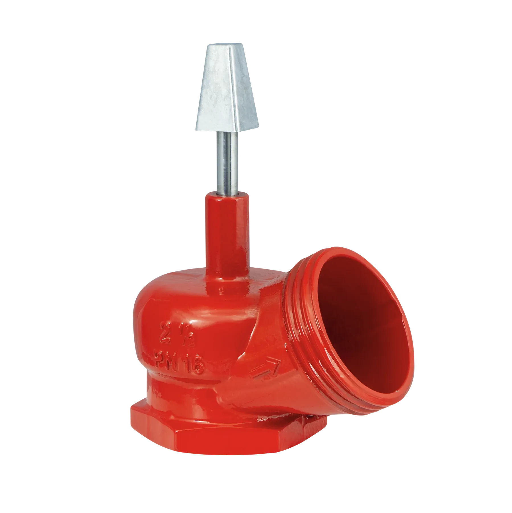 Foto de produto: válvula globo angular vermelha, vista lateral