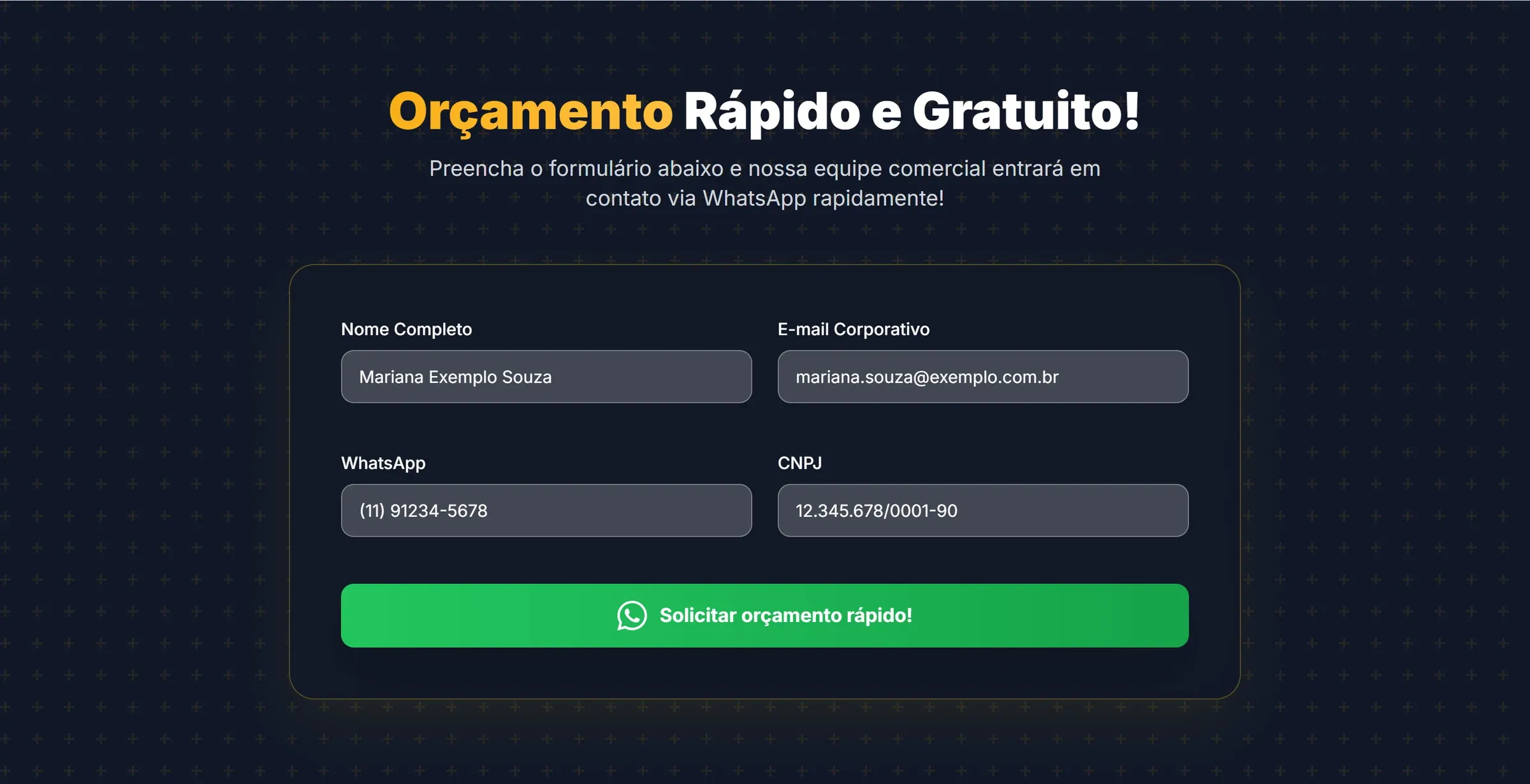 Formulário de orçamento da LP de galvanizados preenchido com dados fictícios