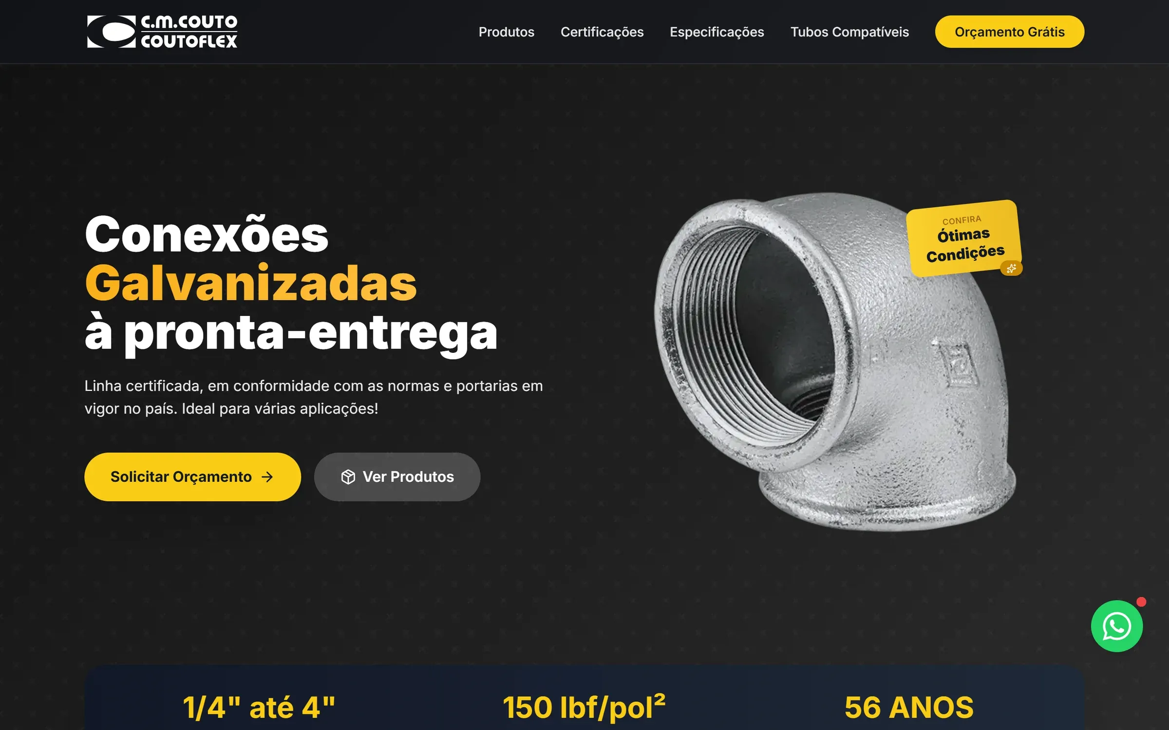 Topo da landing page de conexões galvanizadas com cotovelo galvanizado e selo de ótimas condições