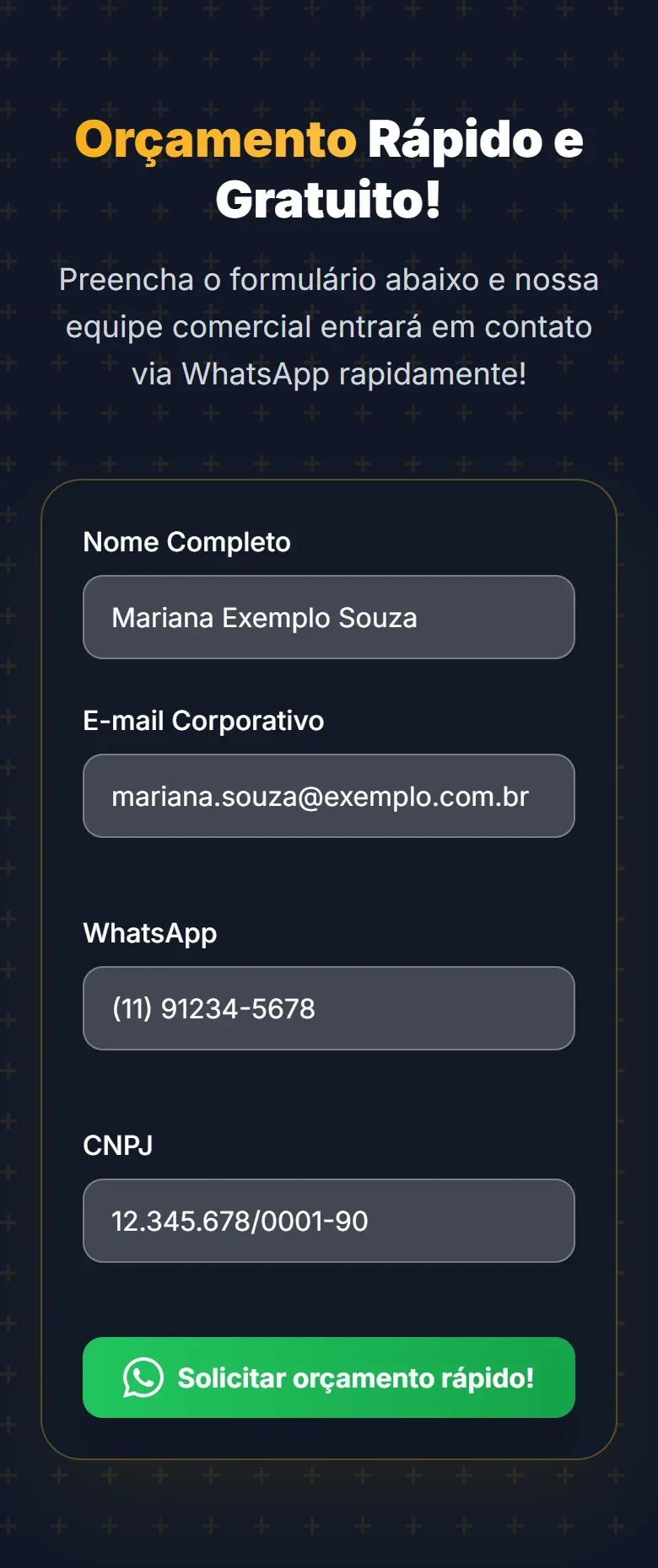 Formulário da LP de galvanizados no celular, preenchido com dados fictícios