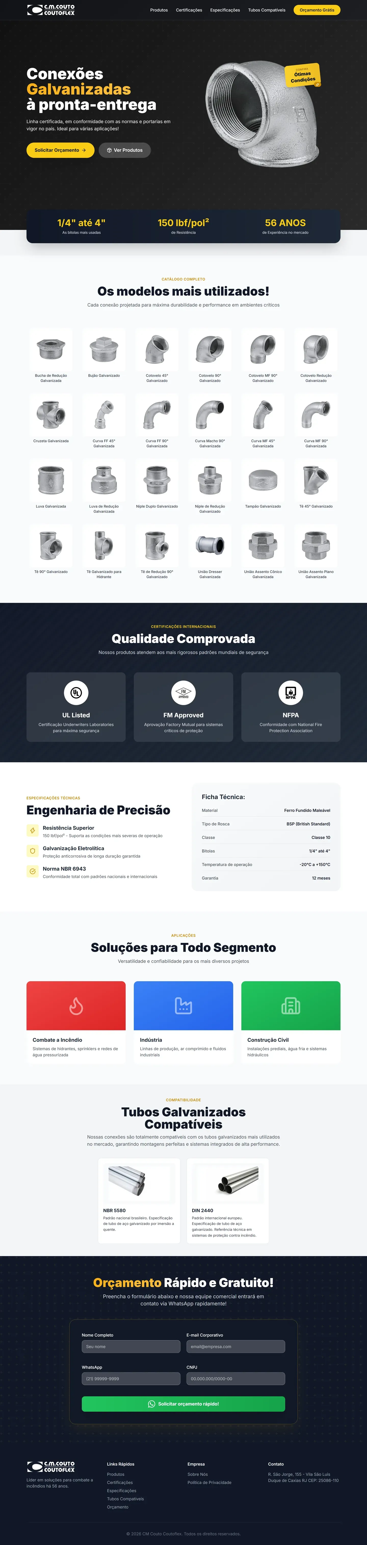Página completa da LP de conexões galvanizadas: números, catálogo de 24 modelos, certificações, ficha técnica e formulário