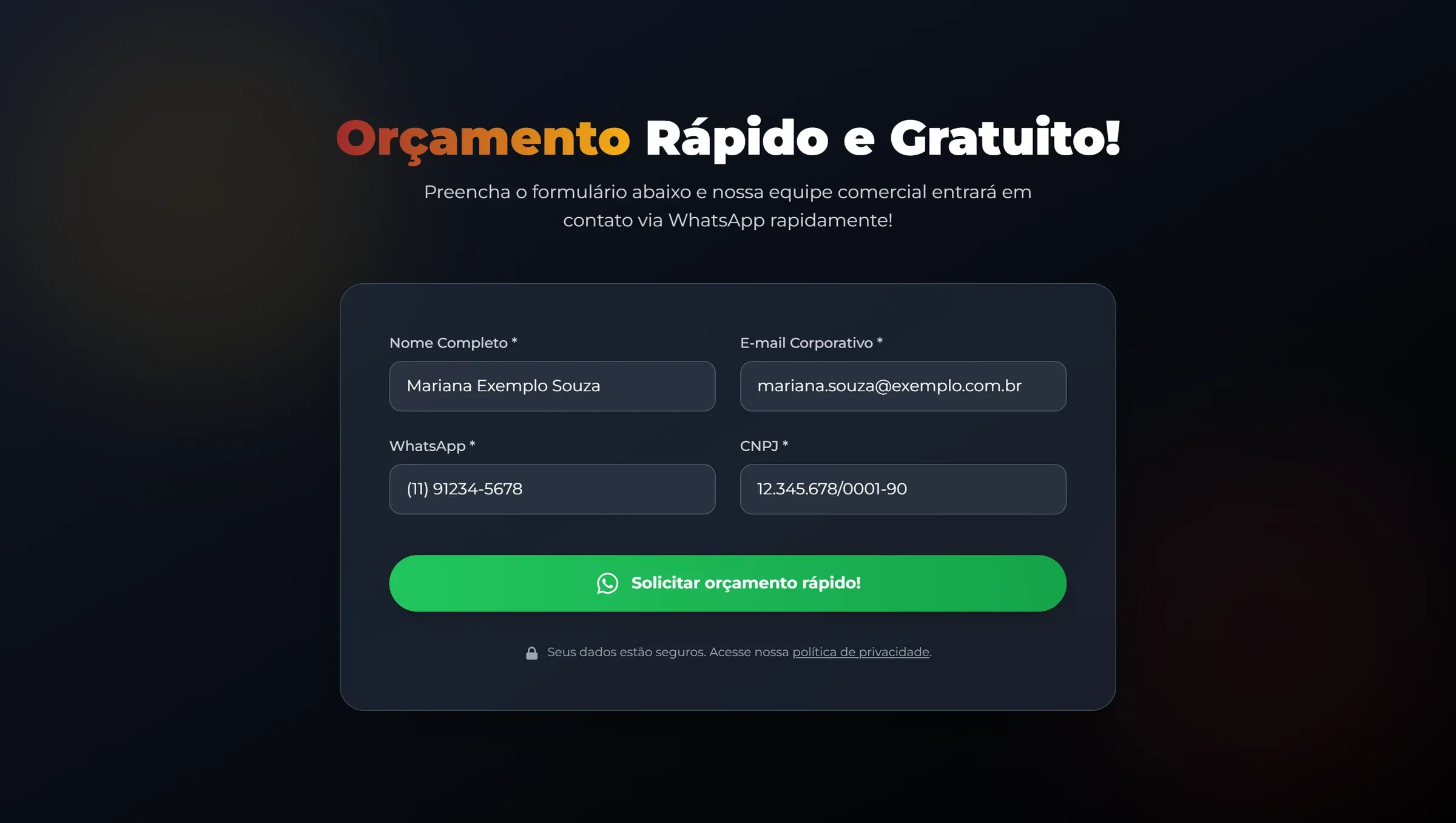 Formulário de orçamento da landing page do LGE Firekill com nome, e-mail corporativo, WhatsApp e CNPJ preenchidos com dados fictícios