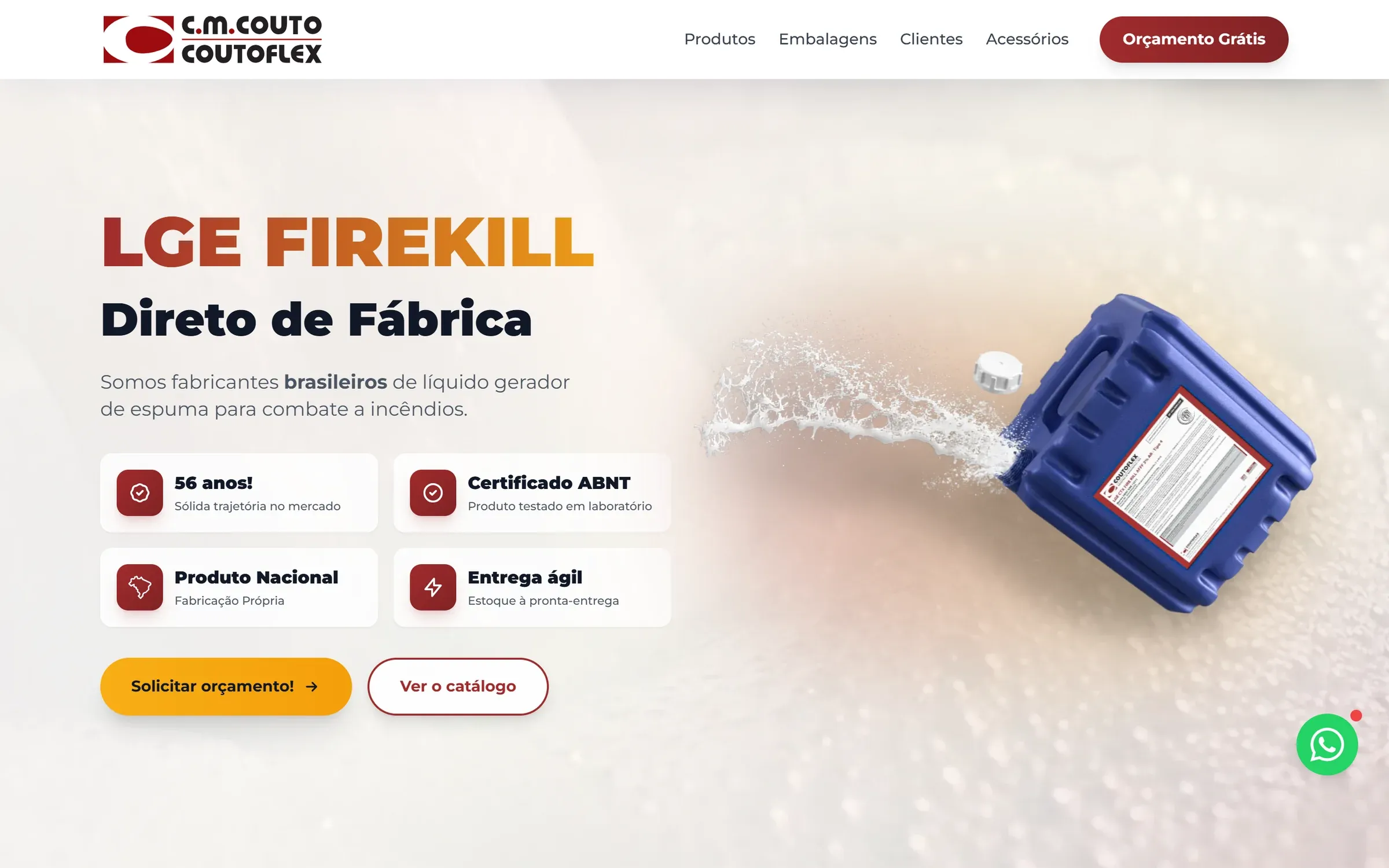 Topo da landing page do LGE Firekill com título “Direto de Fábrica”, selos de destaque e botões de orçamento