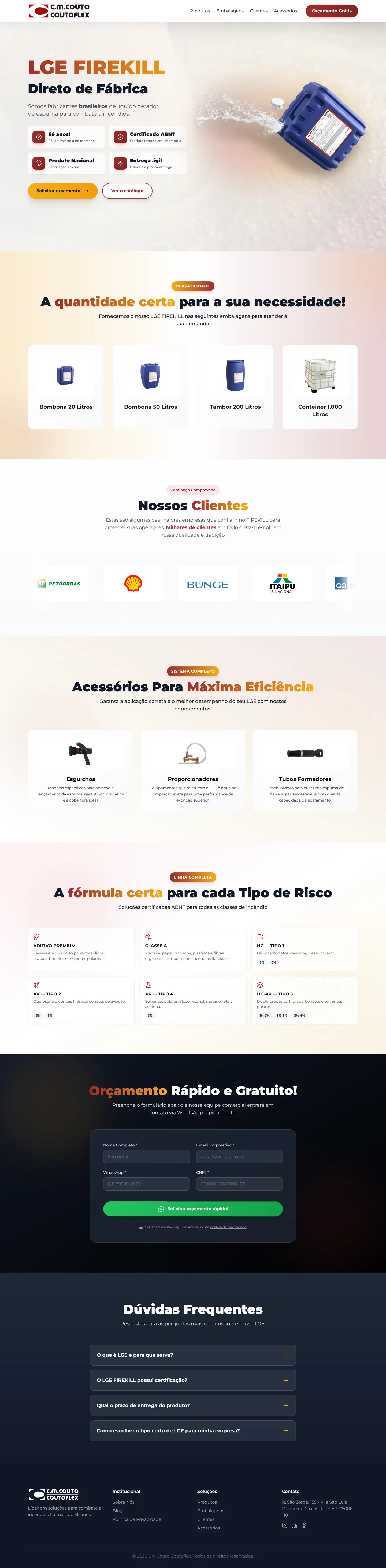 Página completa da LP do LGE Firekill: hero, embalagens, clientes, acessórios, produtos por classe de risco, formulário e FAQ