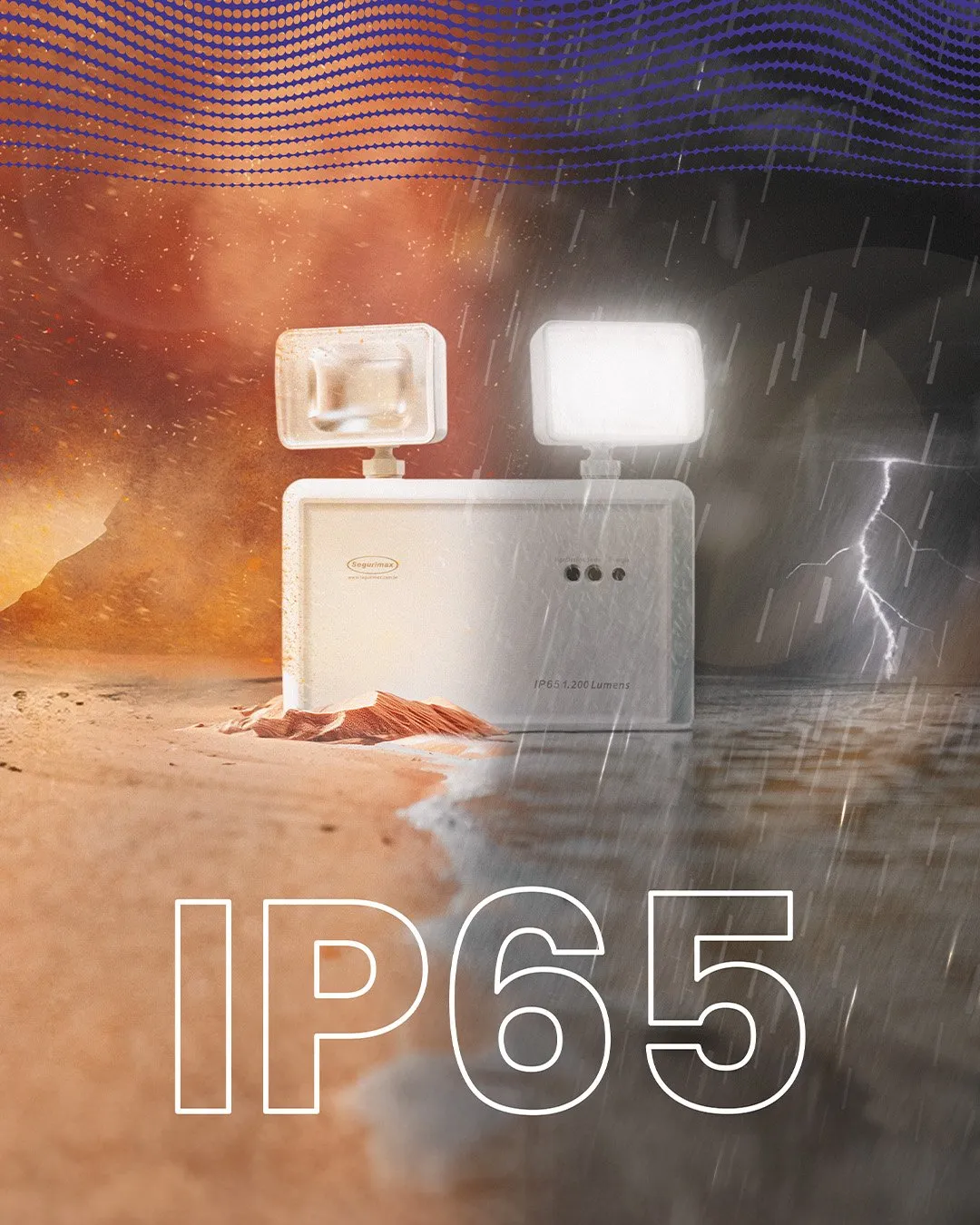 Luminária de emergência IP65 sob chuva e raios, composição digital que destaca a resistência à água