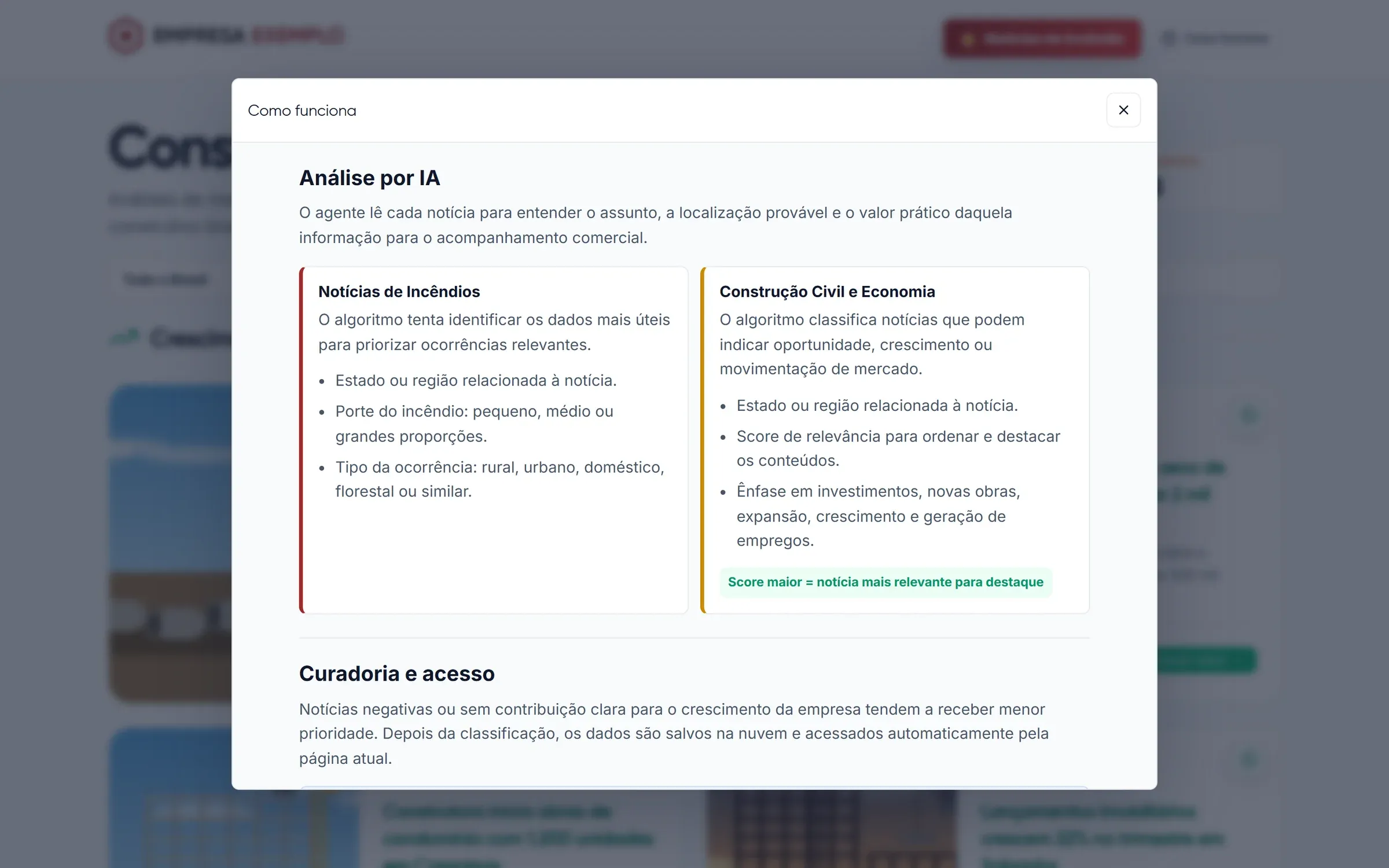 Janela “Como funciona” do painel explicando os critérios da IA para incêndios e para construção civil
