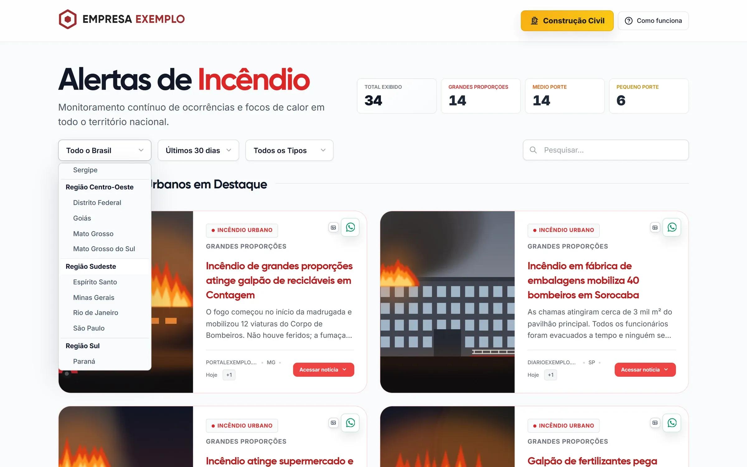 Menu de filtro aberto com regiões e estados brasileiros