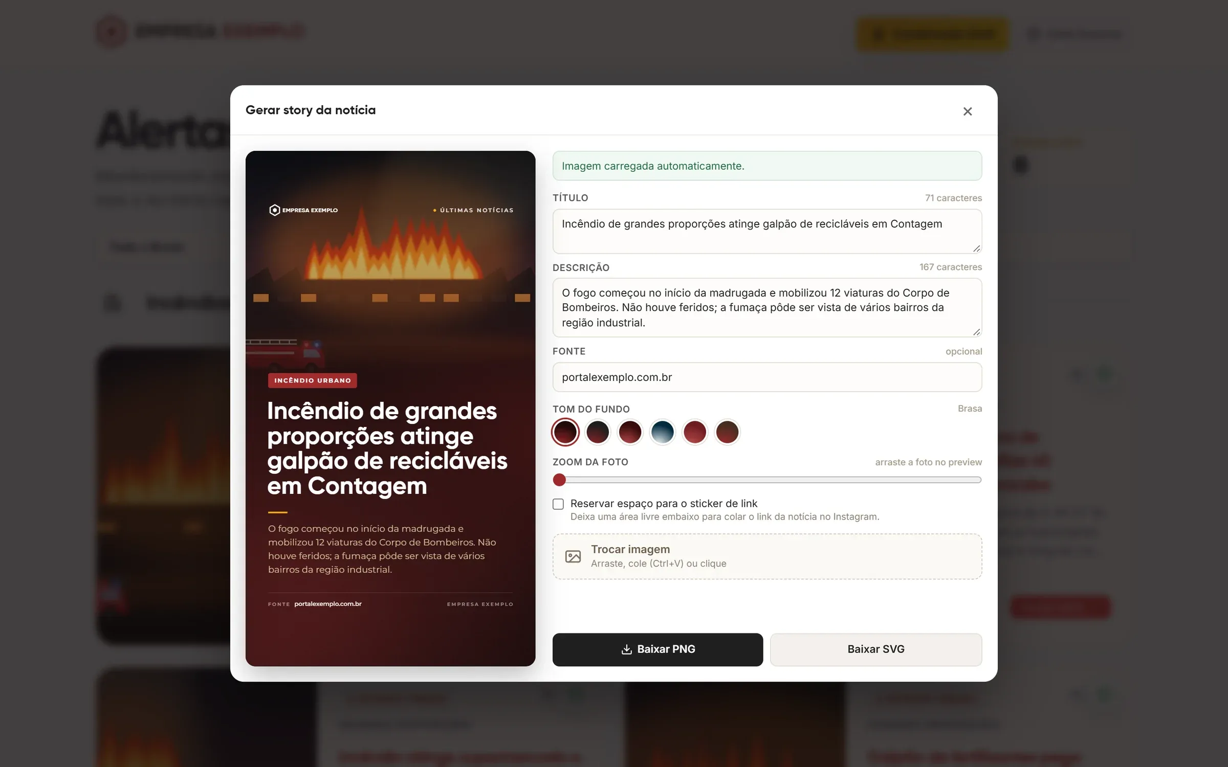 Gerador de story com prévia vertical à esquerda e campos de título, descrição, tons e zoom à direita